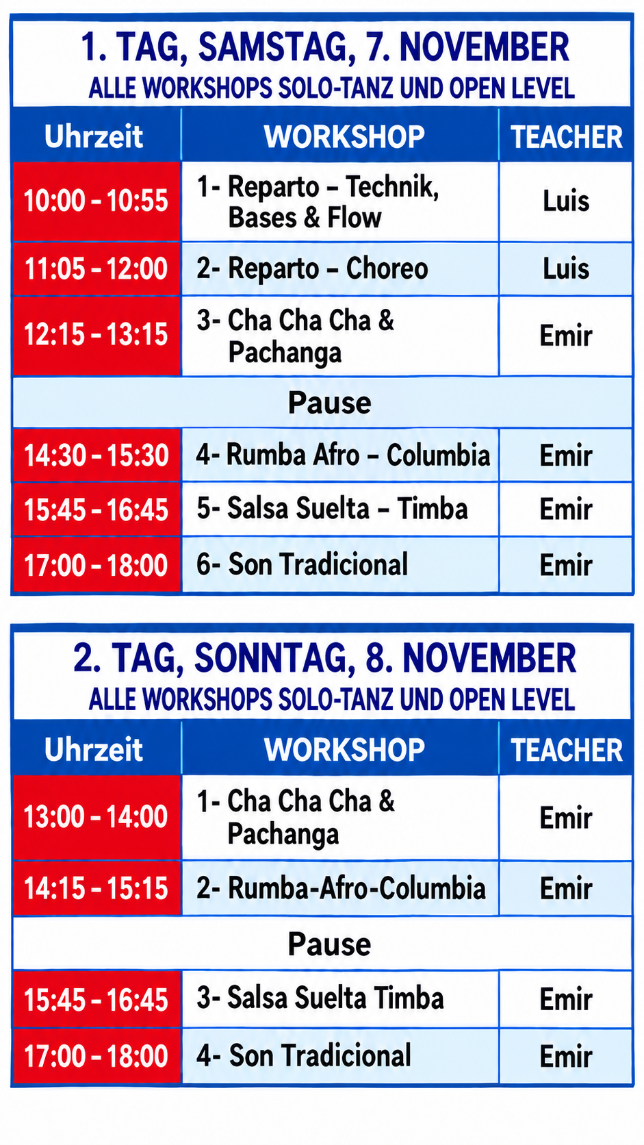 tanzworkshop zeitplan mit zwei tagen